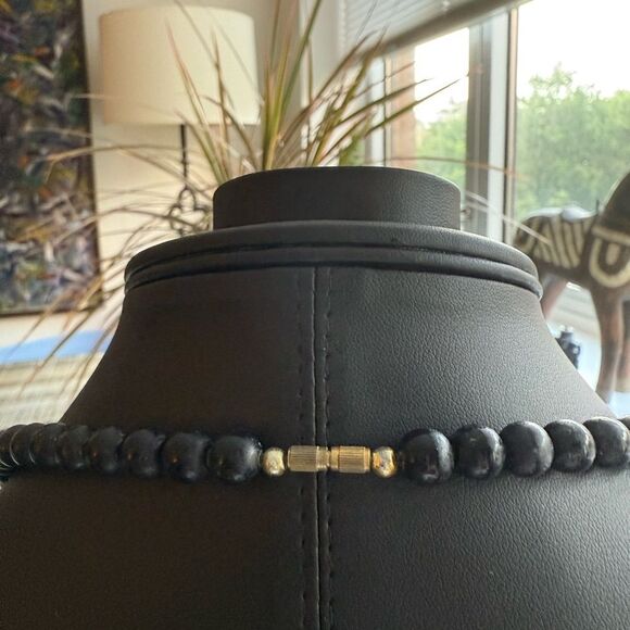 Vintage Mid Century Necklace with Black Lucite, Faux Pearls & Hand Painted Beads - Picture 7 of 7